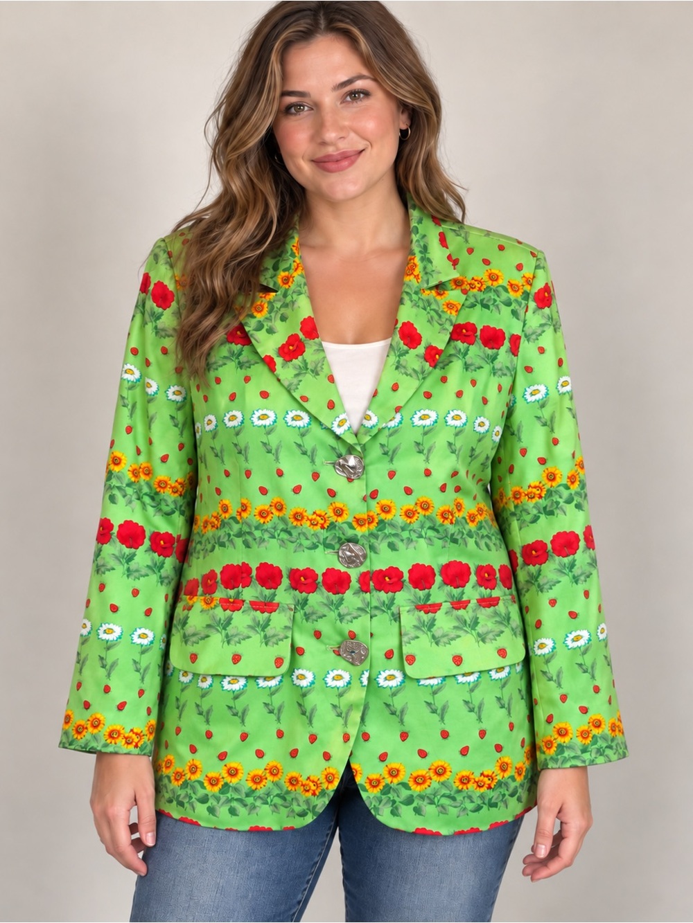 Vintage Sharagano Paris 100% Silk Floral Strawberry Blazer Jacket Size L Green